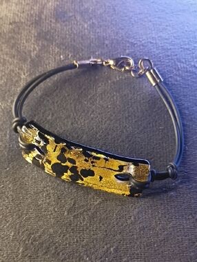 Gold Accent Black Leather Cord Bracelet for Women
